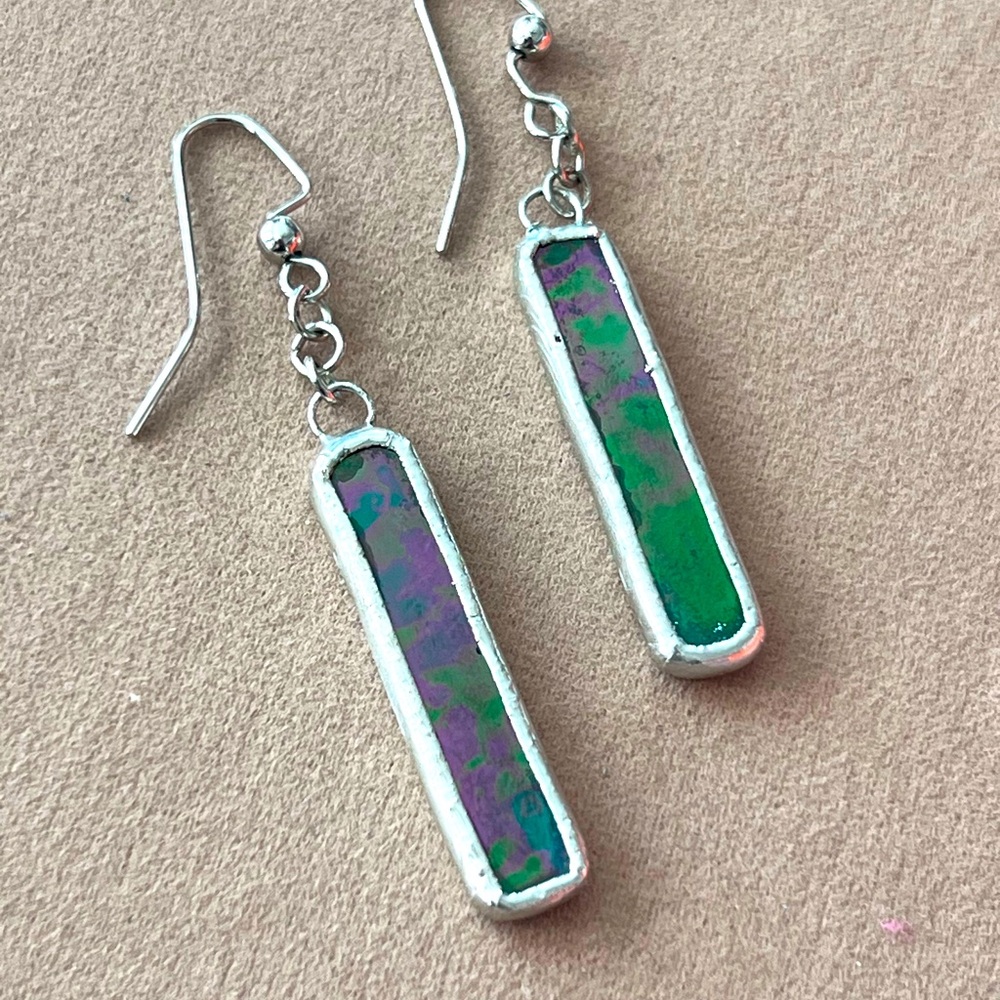 Elegant Stained Glass Silver and Green Earrings